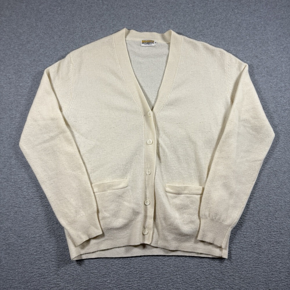 Vtg 60s 70s Moores Finest Cashmere Cardigan Sweater Pocket Ivory Cream Mens 44 L